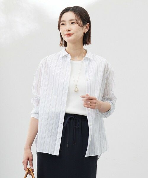 J.PRESS/ジェイプレス 【洗える】ランダムストライプ シャツカラー ブラウス オフ×ライムストライプ系 11 J.PRESS/ジェイプレス 【洗える】ランダムストライプ シャツカラー ブラウス オフ×ライムストライプ系 11