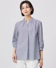 J.PRESS / ジェイプレス シャツ・ブラウス | 【洗える】リネンminiチェック バンドカラー プルオーバー ブラウス