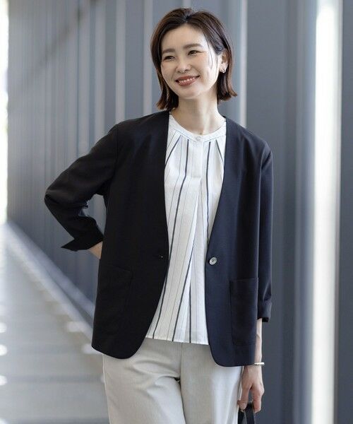 J.PRESS / ジェイプレス ノーカラージャケット | 【洗える】ストレッチ ノーカラー ジャケット(ブラック系)