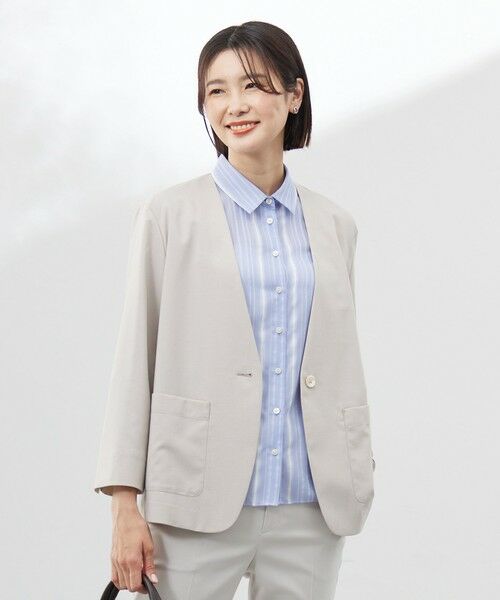 J.PRESS / ジェイプレス ノーカラージャケット | 【洗える】ストレッチ ノーカラー ジャケット(グレージュ系)