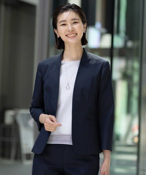 J.PRESS / ジェイプレス ノーカラージャケット | 【セットアップ対応・洗える・撥水】コットンFITTY ノーカラー ジャケット(ネイビー系)