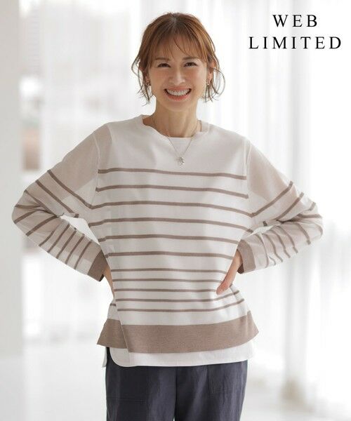 J.PRESS/ジェイプレス 【WEB限定・洗える】Vis/Peスパーク シアー ボーダー ニット オフ×モカ系 L J.PRESS/ジェイプレス 【WEB限定・洗える】Vis/Peスパーク シアー ボーダー ニット オフ×モカ系 L