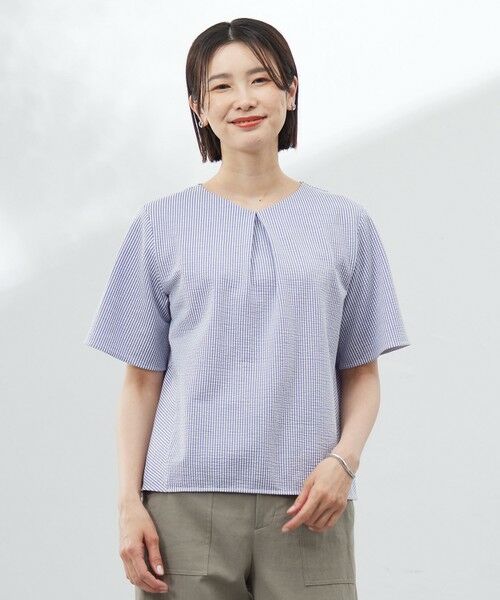 J.PRESS / ジェイプレス カットソー | 【洗える・抗菌防臭・吸水速乾】サッカージャージー ペプラム カットソー(オフ×ブルー系)