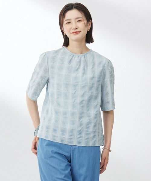 J.PRESS/ジェイプレス 【洗える】SHEER チェック フレアスリーブ ブラウス アクアグリーン系 11 J.PRESS/ジェイプレス 【洗える】SHEER チェック フレアスリーブ ブラウス アクアグリーン系 11