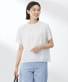 J.PRESS / ジェイプレス カットソー | 【洗える】シアーストライプ＆チェック ブラウスライク カットソー