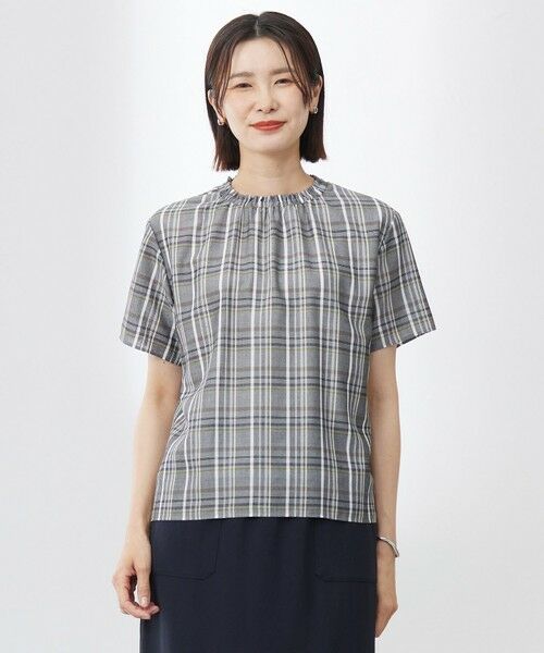 洗える】シアーストライプ＆チェック ブラウスライク カットソー