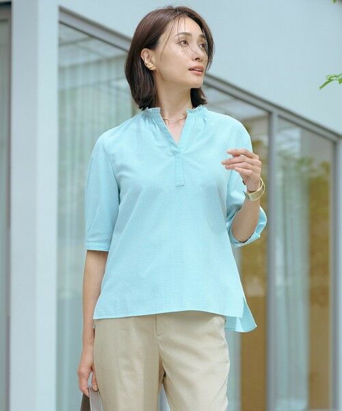 J.PRESS/ジェイプレス 【洗える】SHEER ギンガム スキッパー ブラウス オフ×アクアグリーン系 9 J.PRESS/ジェイプレス 【洗える】SHEER ギンガム スキッパー ブラウス オフ×アクアグリーン系 9