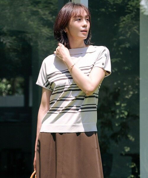 J.PRESS/ジェイプレス 【WEB限定カラーあり・洗える・抗菌防臭】COTTON POLYESTER ボーダー 襟付き ニット グレージュ×ブラウン系 M J.PRESS/ジェイプレス 【WEB限定カラーあり・洗える・抗菌防臭】COTTON POLYESTER ボーダー 襟付き ニット グレージュ×ブラウン系 M