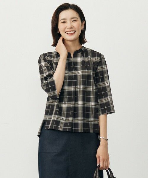 J.PRESS/ジェイプレス 【WEB限定カラーあり・洗える】SOFT SHEER チェック キーネック ブラウス ブラウンチェック系 9 J.PRESS/ジェイプレス 【WEB限定カラーあり・洗える】SOFT SHEER チェック キーネック ブラウス ブラウンチェック系 9