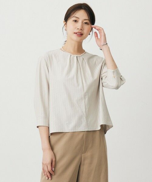 J.PRESS / ジェイプレス カットソー | ストライプジャージー バックペプラム カットソー(グレージュストライプ系)