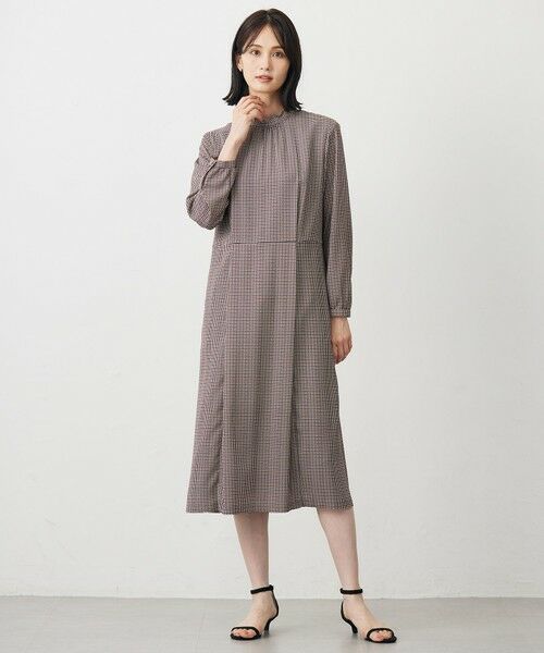 洗える】デシンハウンドトゥースプリント ワンピース （ロング