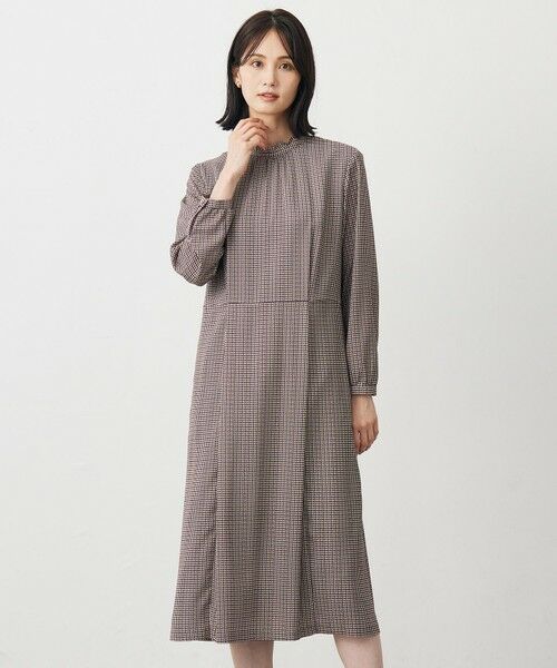 洗える】デシンハウンドトゥースプリント ワンピース （ロング