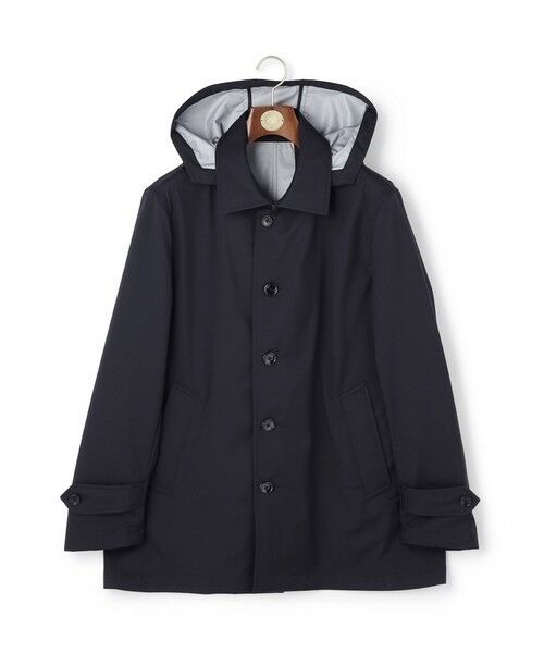 J.PRESS / ジェイプレス ステンカラーコート | 【オンオフ兼用 / ストレッチ / 撥水 / 洗える】トリコット3レイヤーバルマカンショートコート / フードデタッチャブル（ネイビー系）