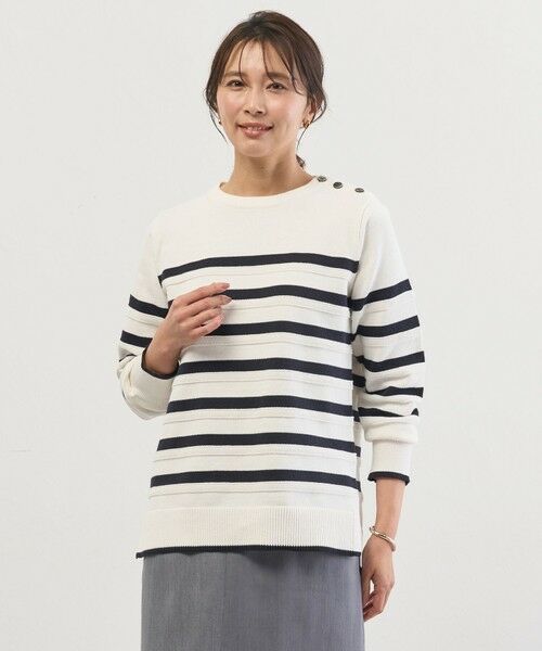 J.PRESS / ジェイプレス ニット・セーター | Cotton Polyester カラーボーダー ニット（オフ×ネイビー系）