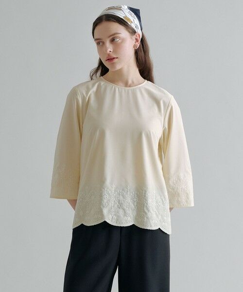 J.PRESS / ジェイプレス シャツ・ブラウス | 【一枚で着映え】ストライプ×エンブロイダリー クルーネック ブラウス（イエロー×ホワイト系）