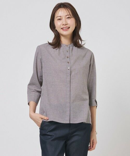 J.PRESS / ジェイプレス シャツ・ブラウス | リネンminiチェック バンドカラー ブラウス（ブラウンギンガム系）