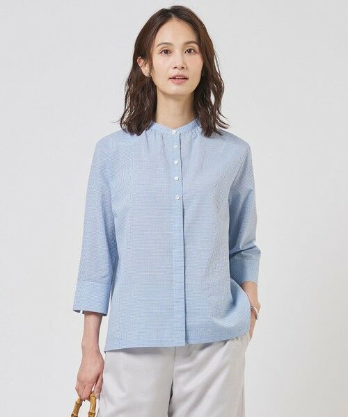 J.PRESS / ジェイプレス シャツ・ブラウス | リネンminiチェック バンドカラー ブラウス（サックスブルーギンガム系）