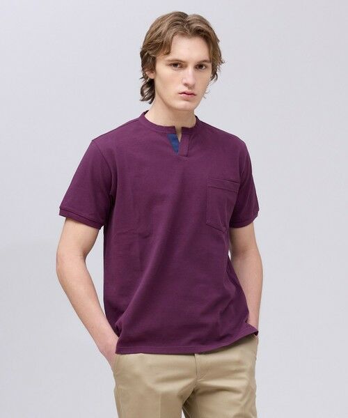 J.PRESS / ジェイプレス カットソー | コットンカノコ キーネックポケット Tシャツ（パープル系）