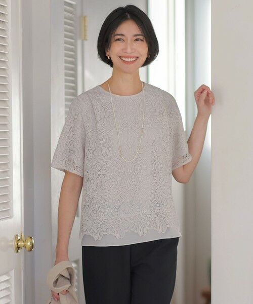 J.PRESS / ジェイプレス カットソー | レースコンビジャージー カットソー（グレージュ系）