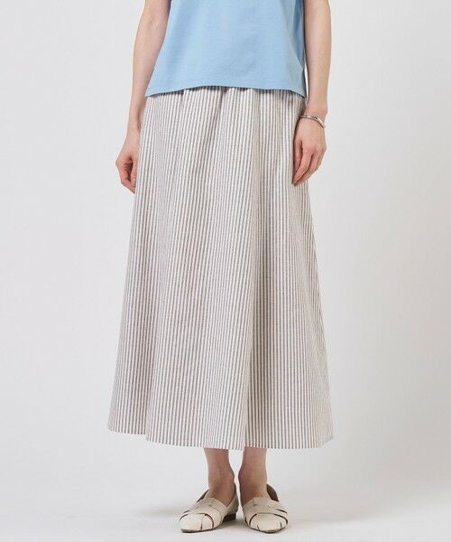 J.PRESS / ジェイプレス ミニ・ひざ丈スカート | リネンMIX ストライプ フレア スカート（ブラウンストライプ系）