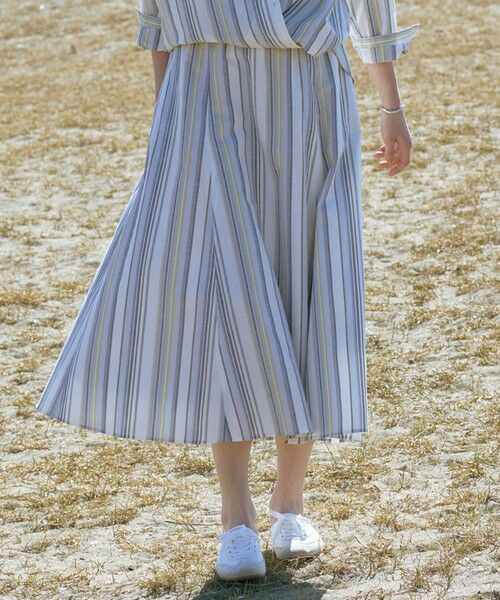 J.PRESS / ジェイプレス ミニ・ひざ丈スカート | リネンMIX ストライプ フレア スカート（ブルーマルチ系）