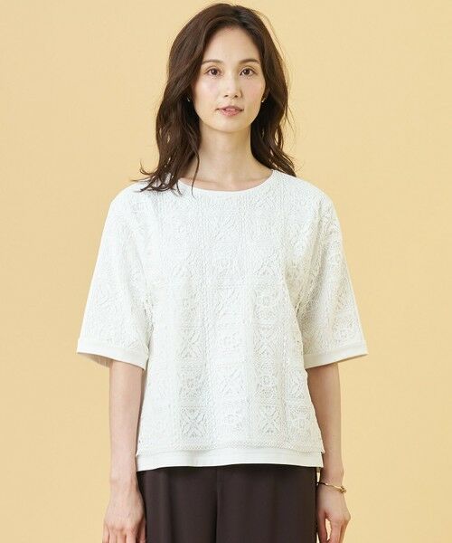 J.PRESS / ジェイプレス カットソー | 【一枚で着映え・シーンレスに活躍】レーシーコンビ クルーネック カットソー（オフ系）