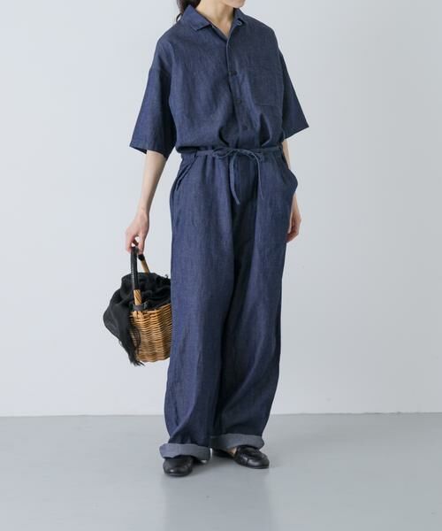 かぐれ / かぐれ サロペット・オールインワン | 綿麻デニムハーフスリーブオールインワン（インディゴブルー）
