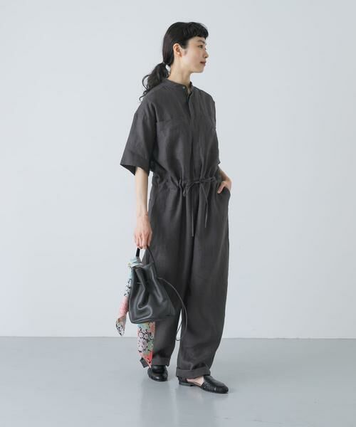 かぐれ / かぐれ サロペット・オールインワン | リネンハーフスリーブオールインワン（チャコールグレー）