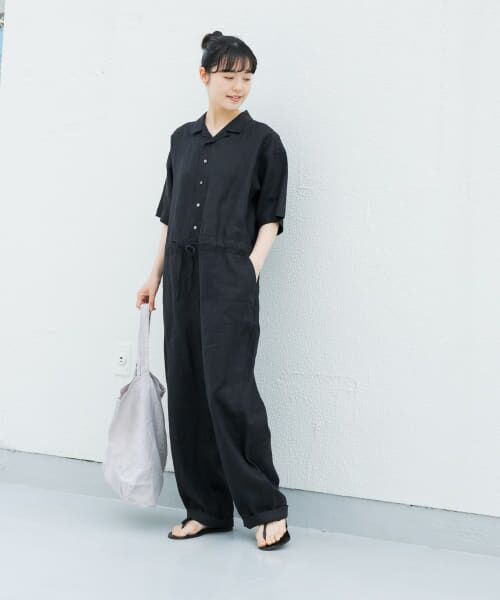 未使用タグ付き かぐれ リネンハーフスリーブオールインワン F ベージュ かぐれ / リネンハーフスリーブオールインワン : タカシマヤ