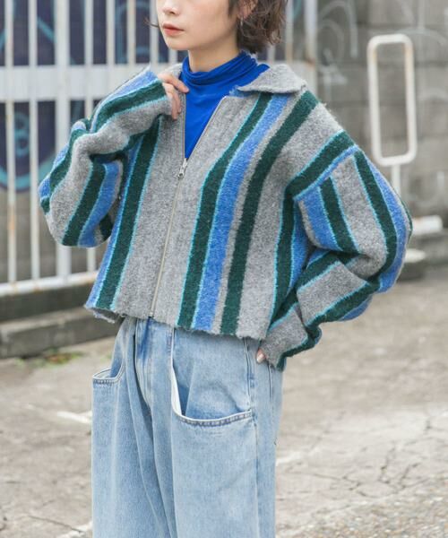 KBF / ケービーエフ カーディガン・ボレロ | フロントZIPストライプカーディガン | 詳細1