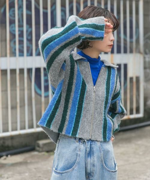 KBF / ケービーエフ カーディガン・ボレロ | フロントZIPストライプカーディガン | 詳細4