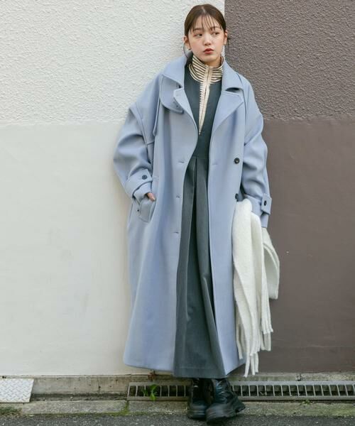 KBF / ケービーエフ ステンカラーコート | 『2サイズ展開』コクーンロングコート(ライトブルー)