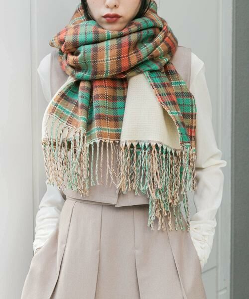 KBF/ケービーエフ リバーシブルチェックストール ベージュ系その他 one KBF/ケービーエフ リバーシブルチェックストール ベージュ系その他 one