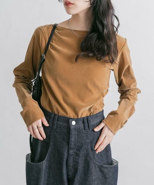 KBF / ケービーエフ Tシャツ | シアーベロアドレープトップス | 詳細1