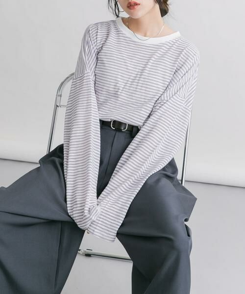 KBF / ケービーエフ Tシャツ | シアーボーダールーズカットソー | 詳細25