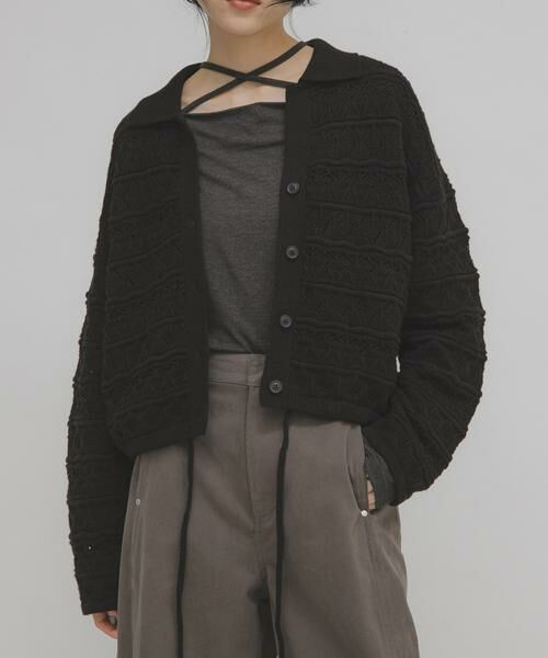 KBF/ケービーエフ 透かし編みキーネックカーディガン ブラック one KBF/ケービーエフ 透かし編みキーネックカーディガン ブラック one