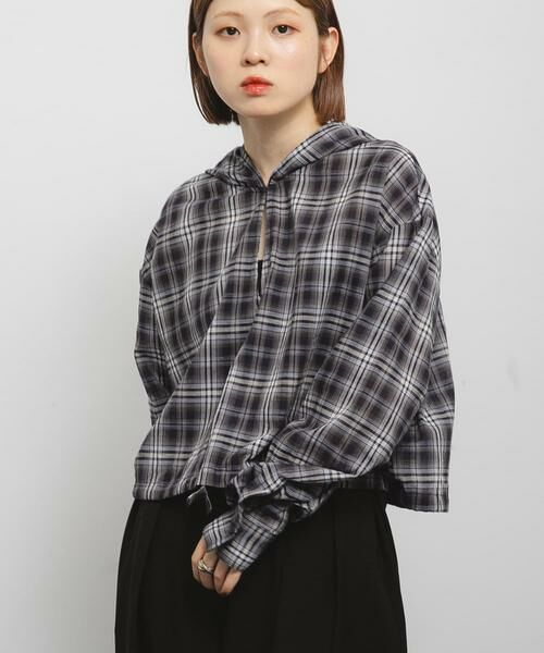 KBF / ケービーエフ シャツ・ブラウス | シアーチェックフーディーシャツ | 詳細3