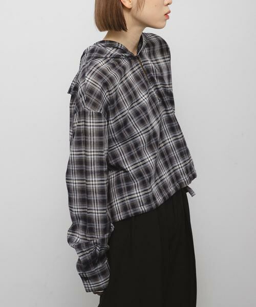 KBF / ケービーエフ シャツ・ブラウス | シアーチェックフーディーシャツ | 詳細4