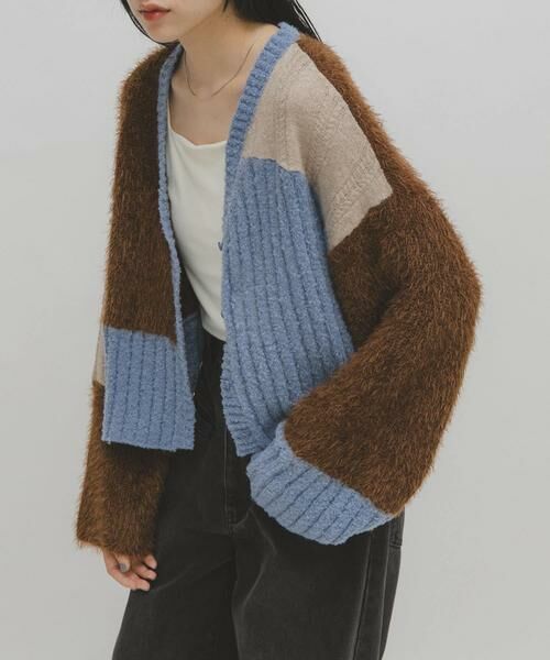 KBF/ケービーエフ パッチワークニットカーディガン ブルー系その他 one KBF/ケービーエフ パッチワークニットカーディガン ブルー系その他 one