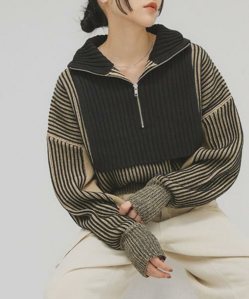 KBF / ケービーエフ ニット・セーター | レイヤードハーフZIPニット(ブラック系その他)