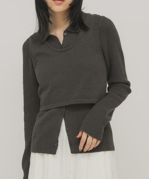 KBF / ケービーエフ ニット・セーター | 『一部WEB限定カラー』ミニブークレレイヤードニットシャツ（チャコールグレー）