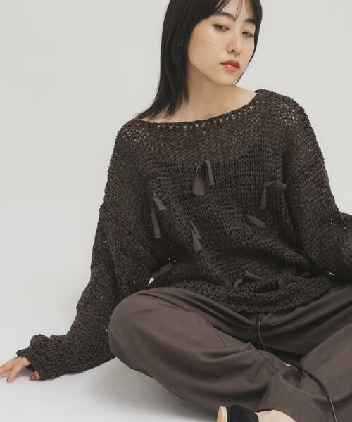 KBF / ケービーエフ ニット・セーター | テープヤーンリボンオーバーニット（ダークブラウン）