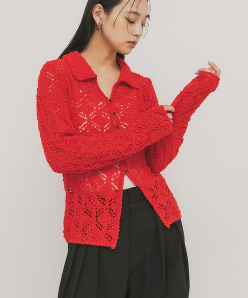 KBF / ケービーエフ ニット・セーター | クロシェレースニットシャツ（レッド）