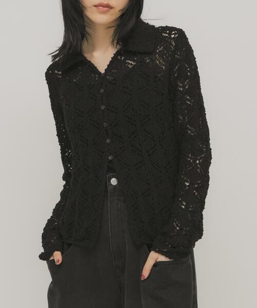 KBF / ケービーエフ ニット・セーター | クロシェレースニットシャツ（ブラック）