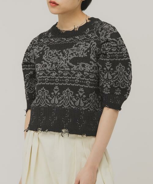 KBF / ケービーエフ ニット・セーター | ジャガードハーフスリーブニット（ネイビー）