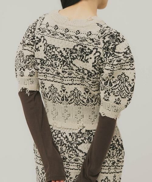 KBF / ケービーエフ ニット・セーター | ジャガードハーフスリーブニット（ベージュ）