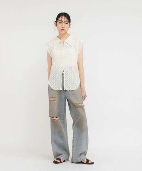 KBF / ケービーエフ シャツ・ブラウス | フレンチスリーブレースシャツ（アイボリー）