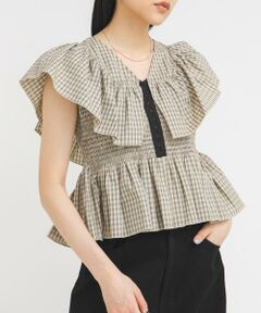 KBF / ケービーエフ シャツ・ブラウス | フロントホックチェックフリルブラウス