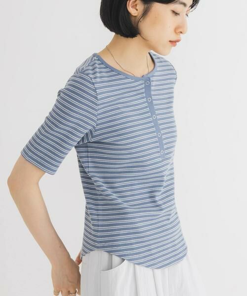 KBF / ケービーエフ Tシャツ | ワッフルボーダーヘンリネックTEE（ブルー系その他）