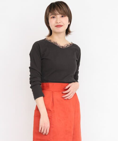 ＊＊KBF / ケービーエフ Tシャツ | レース付き裏起毛テレコトップス∴（CHARCOAL）